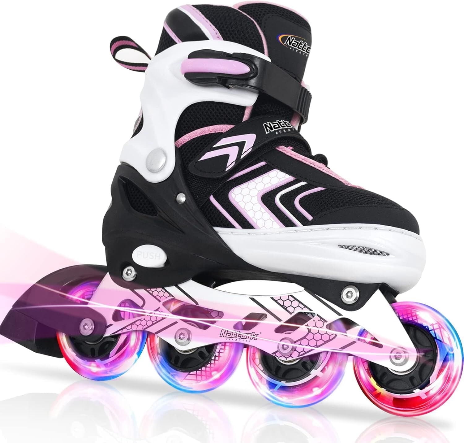 MammyGol Light Up Skates for Kids Girls Boys，Adjustable Inline Skates Youth Beginner Outdoor Pink 9-12