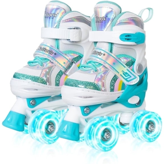 MammyGol Girls Roller Skates for Little Kids, 4 Size Adjustable Rainbow Unicorn Skates with All Light up Wheels - Outdoor Birthday Gift Toddler 3-5