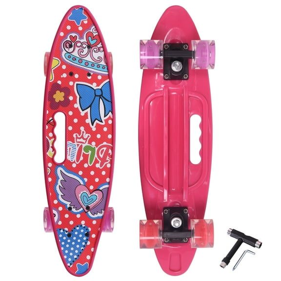 Mammygol 23 inch Mini Cruiser Girls Skateboard with Portable Handle Classic Plastic Kids Skateboard for Boys Youths Beginners (Rose Princess)