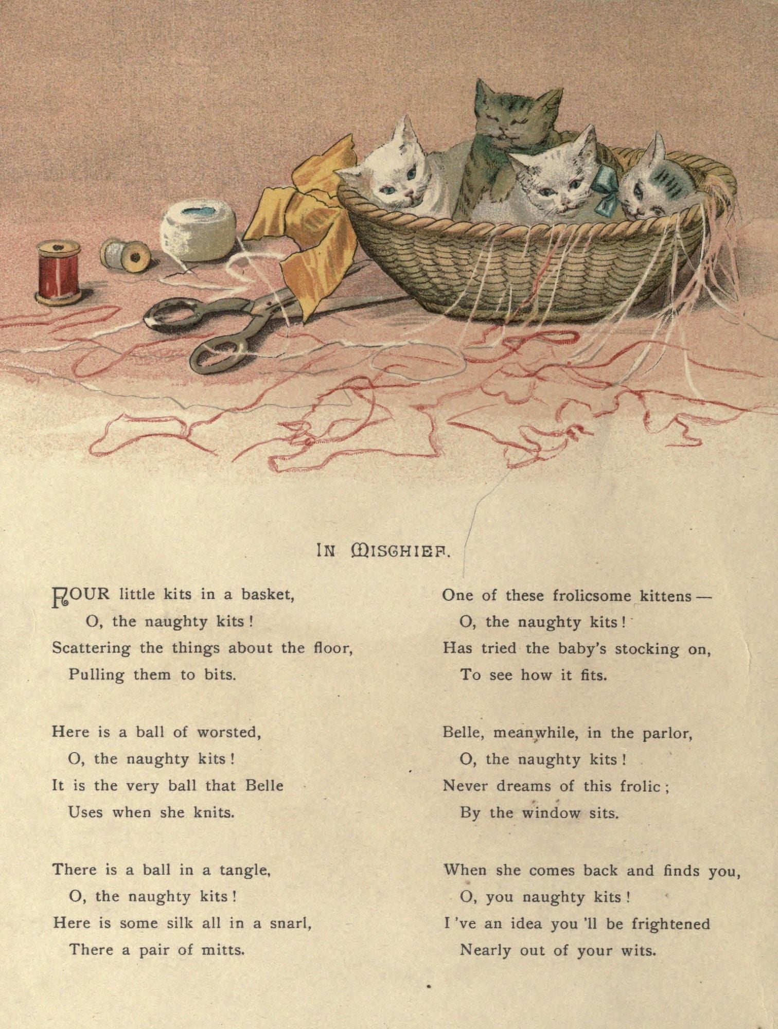 Mammys Baby c1890 In Mischief kittens Canvas Art - Ida Waugh (24 x 36)