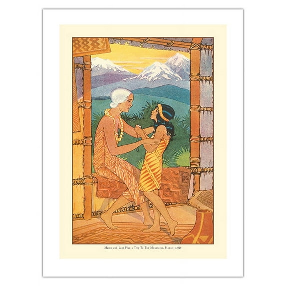 Mamo and Lani - Book Plate From Kimo A Story of Hawaii - Vintage Illustration by Lucille Webster Holling c.1928 - Fine Art Matte Paper Print (Unframed) 18x24in