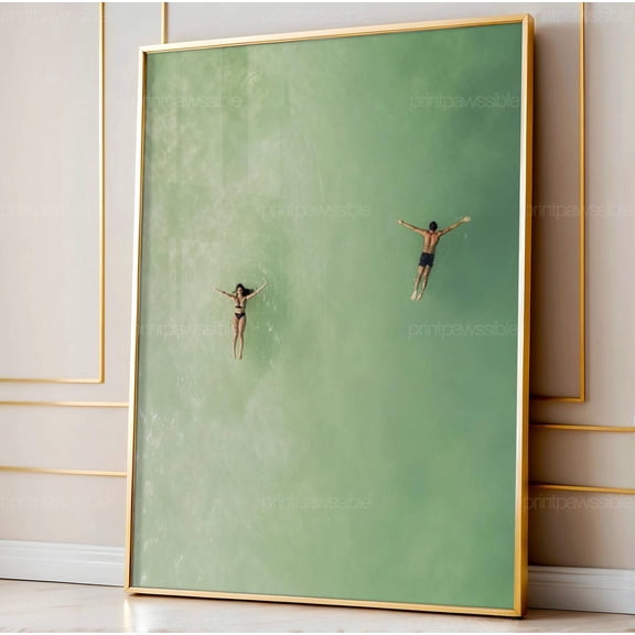 Man And Woman Floating Side By Side In Pool Minimal Summer Couple Light Green Beach House, Unframed Paper Poster 8x10in