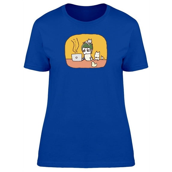 Man At The Pc And Cute Kittens T-Shirt Women -Image by Shutterstock, Female Large