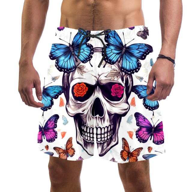 Man Beach Shorts, Butterfly Skull Pattern Swim Trunks Elastic Swimsuit