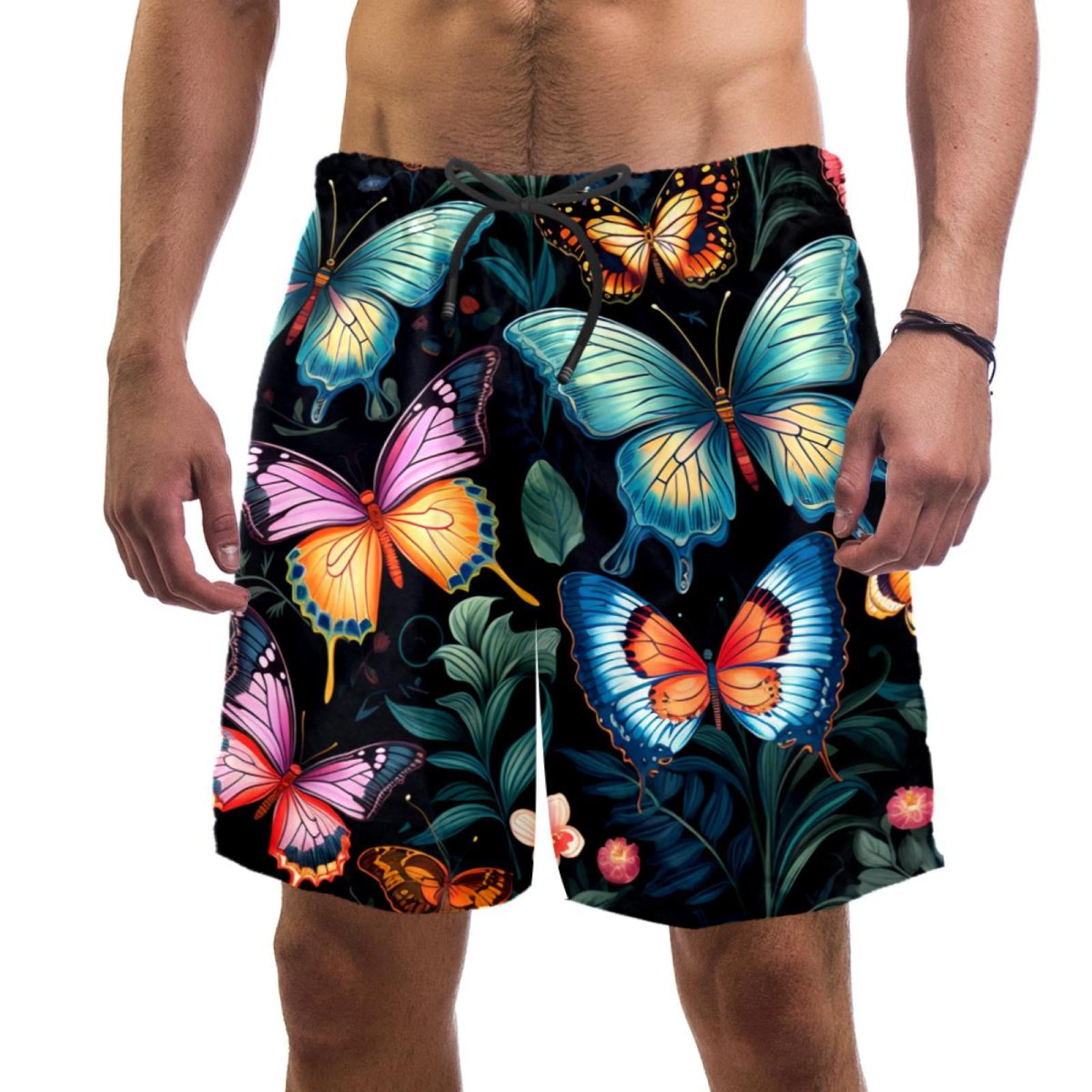 Man Beach Shorts, Colorful Butterfly Pattern Swim Trunks Elastic ...