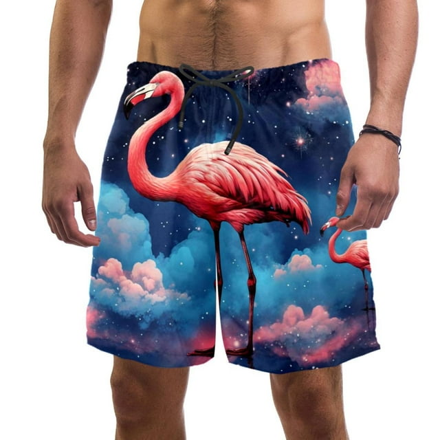 Man Beach Shorts, Galaxy Flamingo Pattern Swim Trunks Elastic Swimsuit ...