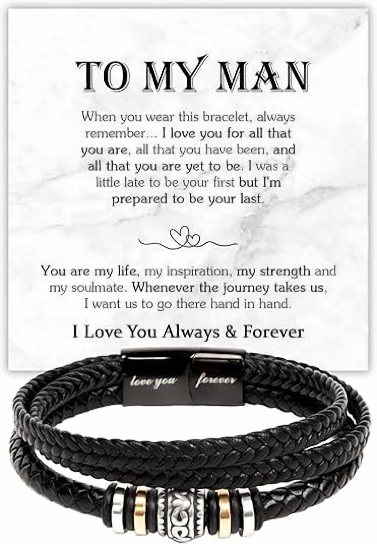 To My Man Bracelet Romantic Gift For Him, Husband Boyfriend Sentimental Gifts From Wife Girlfriend, Men’s Love You Forever Bracelet Gift Ideas With Message Card, Leather Bracelet for Men
