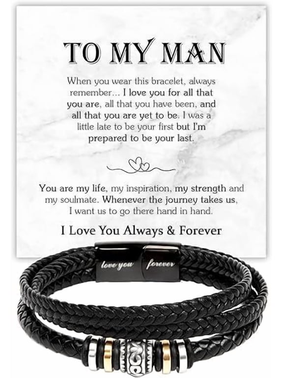 To My Man Bracelet Romantic Gift For Him, Husband Boyfriend Sentimental Gifts From Wife Girlfriend, Mens Love You Forever Bracelet Gift Ideas With Message Card, Leather Bracelet for Men