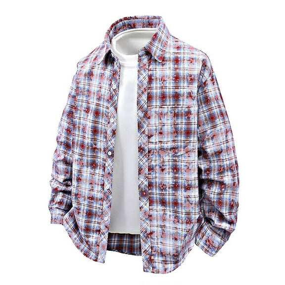 Man Camouflage Checkered Button Shirt Long Sleeve Lapel Blouse Casual Holiday Tops with Chest Pocket