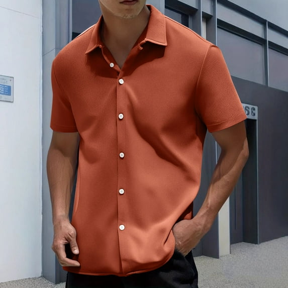 Man Casual Solid-color Button Cardigan Short Sleeve Turndown Collar Blouse Shirt