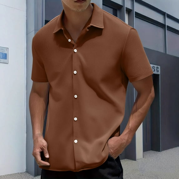 Man Casual Solid-color Button Cardigan Short Sleeve Turndown Collar Blouse Shirt