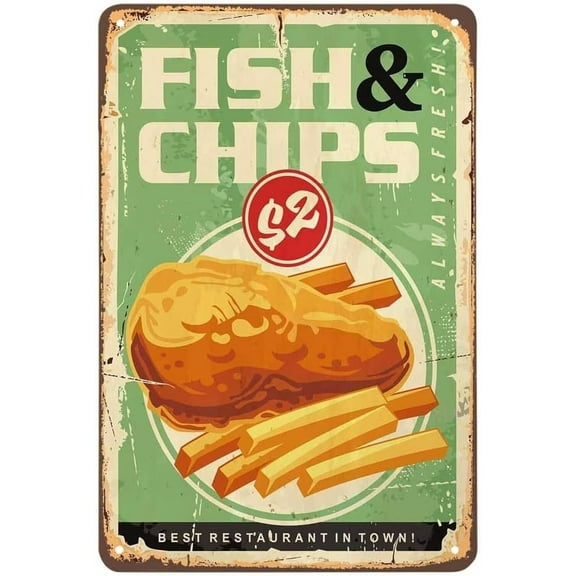 Man Cave Decor Fish And Chips Tin Sign,cod Cook Oil Dish Fast Food Fresh Delicious Restaurant Vintage Metal Tin Signs For Cafes Bars Pubs Shop Wall Ative Funny Retro Signs For Men Women 18x12 Inch