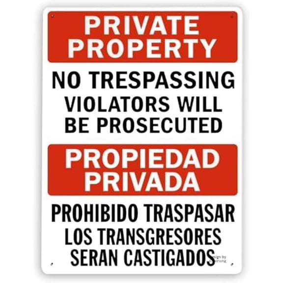 Man Cave Decor Warning Sign Rules Sign,Bilingual Private Property No Trespassing Violators Will Be Prosecuted Iron Painting Multi-Scene Use 8x12 Inch