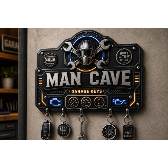 Man Cave Decor Wooden Key Hanger for Garage Keys, Personalized Gift for Him