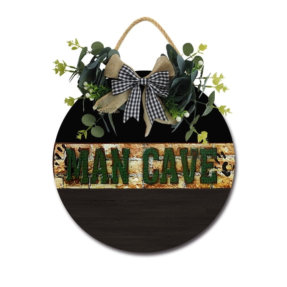 Man Cave Door Sign Home Decor Round Wood Wreaths Wall Hanging Sign Farmhouse Porch Sign Front Door Decoration for Housewarming Gift All Seasons Holiday,11In