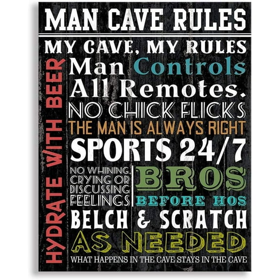 Man Cave Rules Canvas Wall Art Signs Funny Rustic Prints Signs Framed Home Decor Wood Grain Background HD Vintage Plaque Picture Wall Decoration (Man-01, 12 X 15 inch)