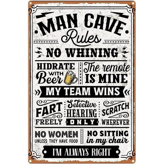 Man Cave Rules Sign Funny Man Cave Decor Retro Metal Tin Signs Mancave Stuff for Men Room Bar Wall Decoration 8x12 Inches