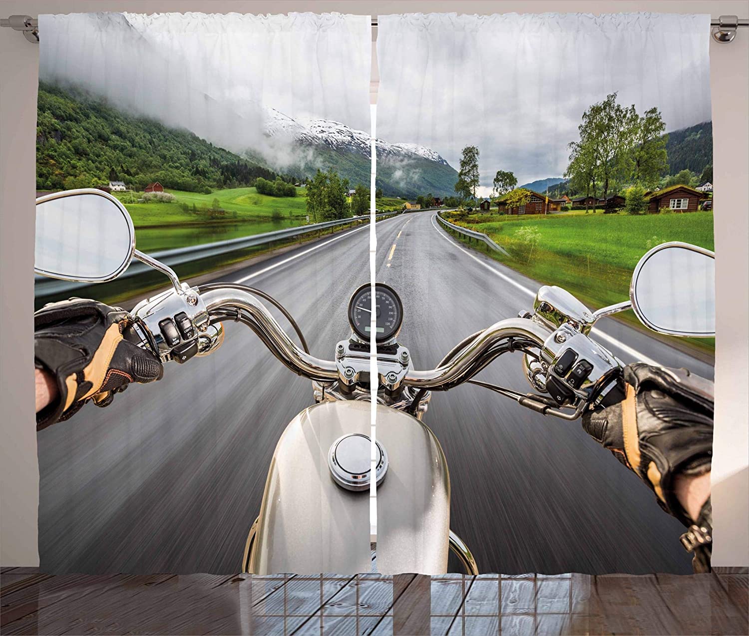 Man Cave Window Curtains Biker Rides Motorcycle on The Highway