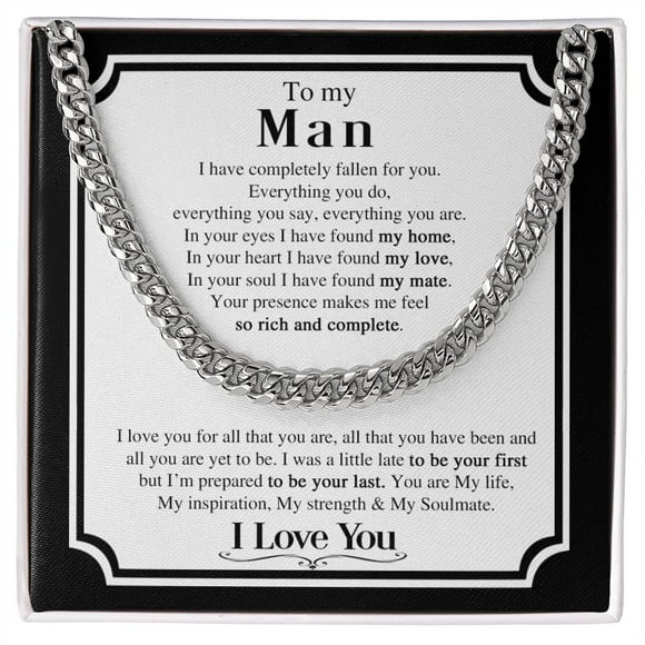 To My Man Chain Necklace, Gift for Him, Romantic Birthday Gifts for Boyfriend, Jewelry for Men, Cuban Link Chain, Stainless Steel or Yellow Gold, Message Card & Gift Box