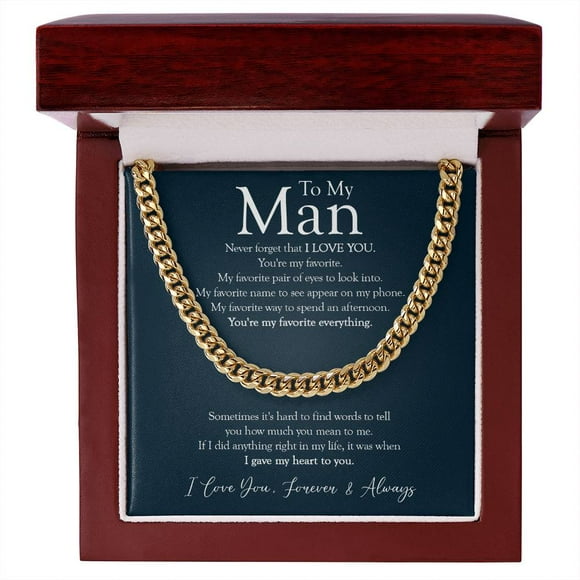 To My Man Chain Necklace, Romantic Gift for Boyfriend, Unique Anniversary Gift, Boyfriend Birthday, Cuban Link Chain - Stainless Steel/ Yellow Plated - Message Card & Gift Box