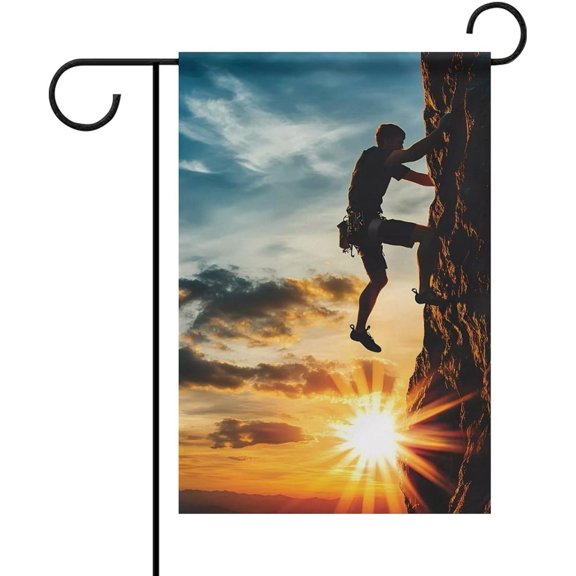 Man Climbing on Rock Mountain Sunset Garden Flag 12 X 18 Inch Double Sided Yard Flags for Indoor Outdoor