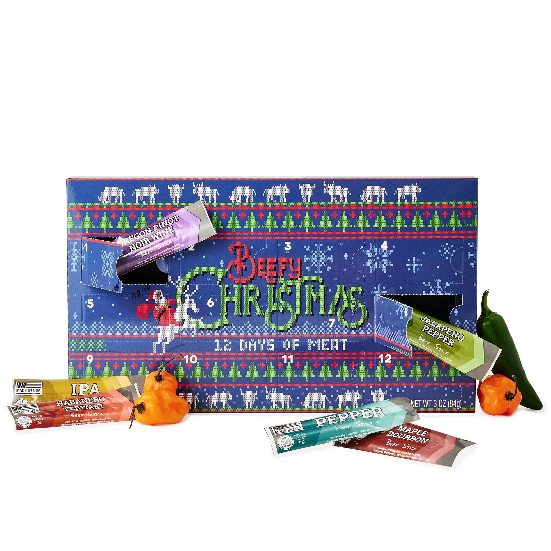 Man Crates, 12 Days of Jerky Advent Calendar 2025 Featuring "Ugly Christmas Sweater" Artwork – Includes 12 Delicious Bites of Beef Jerky – Festive Flavors Like Habanero, Maple Bourbon & More