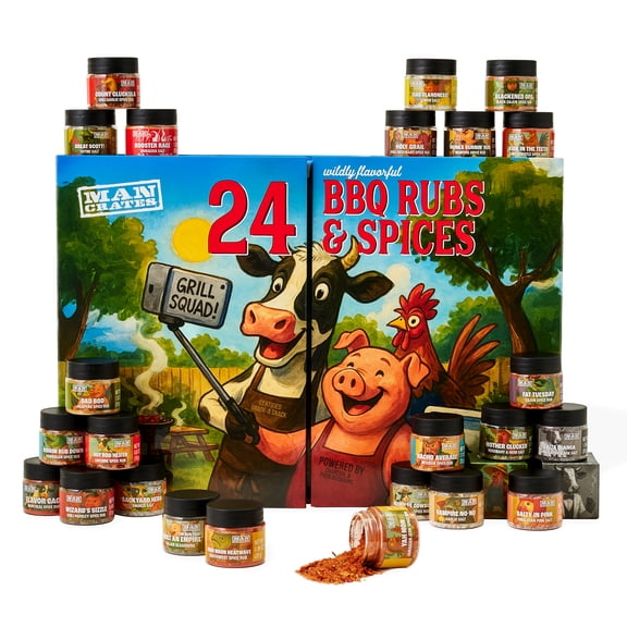Man Crates Grill Squad BBQ Rubs & Spices 24 Days of Surprise Seasoning Gift Set with 24 Gourmet Rub & Salt Varieties Unique Grilling Gift for Men, Dad, BBQ Lovers