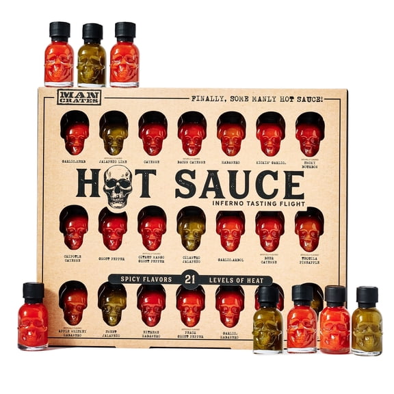 Man Crates, Hot Sauce Inferno Flight, Includes 21 Flavors in Skull-Shaped Mini Hot Sauce Bottles, Spicy Challenge with Habanero, Ghost Pepper & More