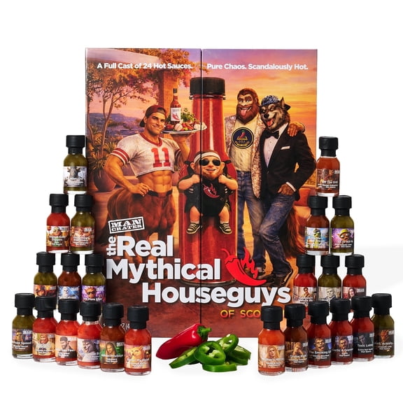 Man Crates Real Houseguys Hot Sauce Gift Set for a Tequila Party, 24 pack Funny Spicy Gag Gift Sampler for Men, Dad, Husband or Boyfriend