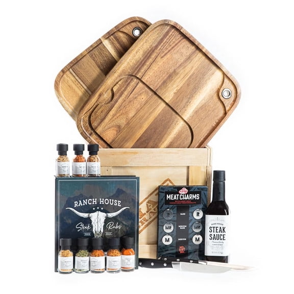 Man Crates Steak Night Crate, Solid Wood Plates, Stainless Steel Knives, Steak Charms, Seasonings & Sauces for Father's Day Gifts