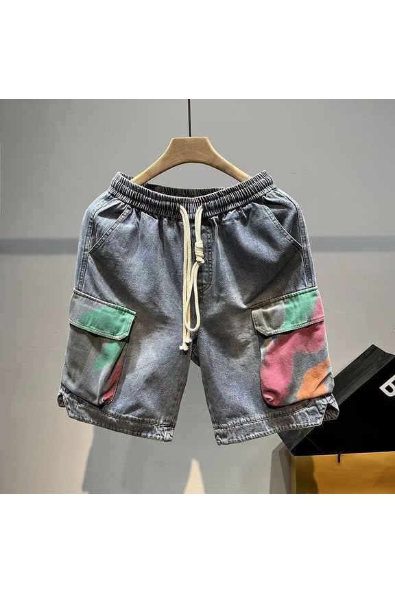 Man Denim Shorts Multi Color Split Hip Hop Short Jeans Pants for Men Drawstring Streetwear Korean Fashion Blue Cut Original Sale