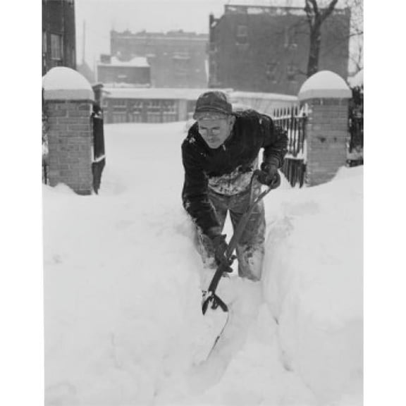 Man Digging Snow From Garden Path Poster Print - 18 x 24 in.