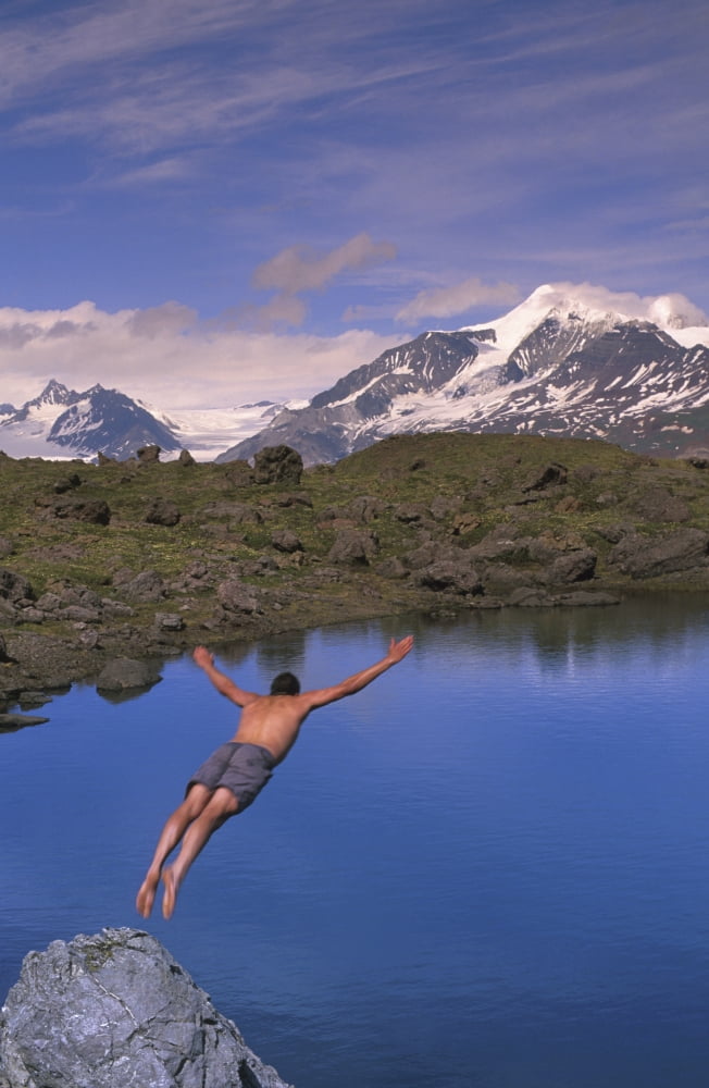 Man Dives Into Lake Fredricka Glacier SummerNwrangell St Elias Np Summer Canvas Art - Michael Jones Design Pics (11 x 17)