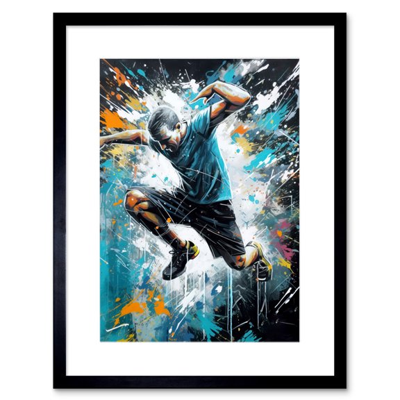 Man Doing Parkour Jump Pose Paint Splat Portrait Artwork Framed Wall Art Print 9X7 Inch