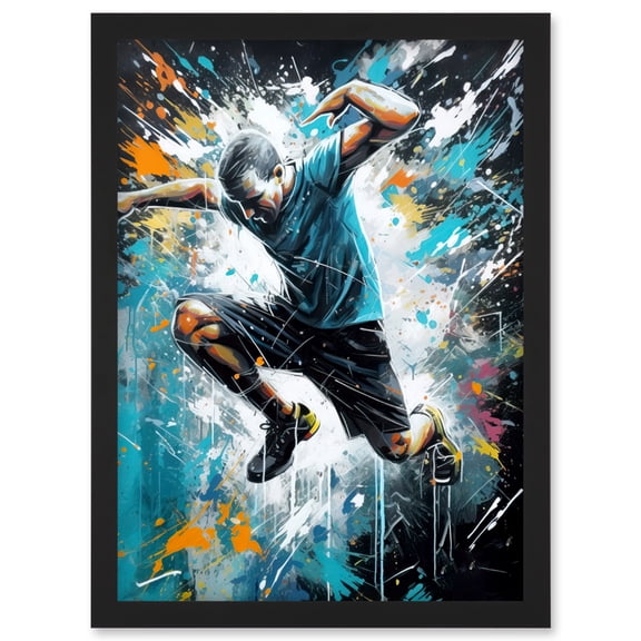 Man Doing Parkour Jump Pose Paint Splat Portrait Artwork Framed Wall Art Print A4