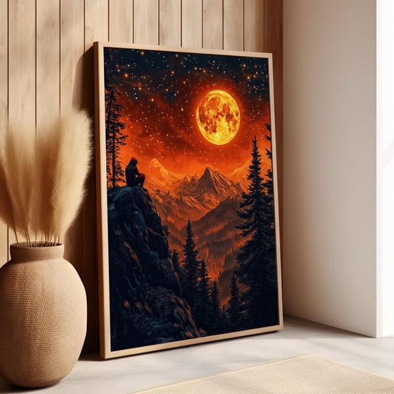 Man Evening Mountain Gazing Orange Moon Starry Night Sky Stars Over Mountains Art Wall Art Print