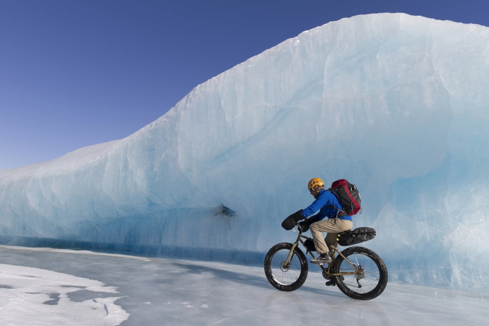 Man Fat Tire Mountain Biking On Ice At The Knik Glacier Chugach Mountains Southcentral Alaska Winter Canvas Art - Joe Stock Design Pics (34 x 22)