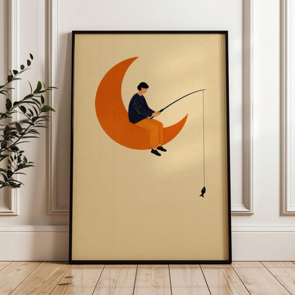 Man Fishing On Moon Dreamscape Surreal Poster
