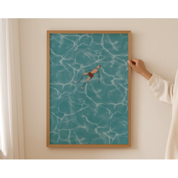 Man Floating in Water | Swimming Pool Wall Art |Tiny People Swim Minimalist Summer Dark Pool Print | Dark Ocean Beach Art |, 8x12 UNFRAMED