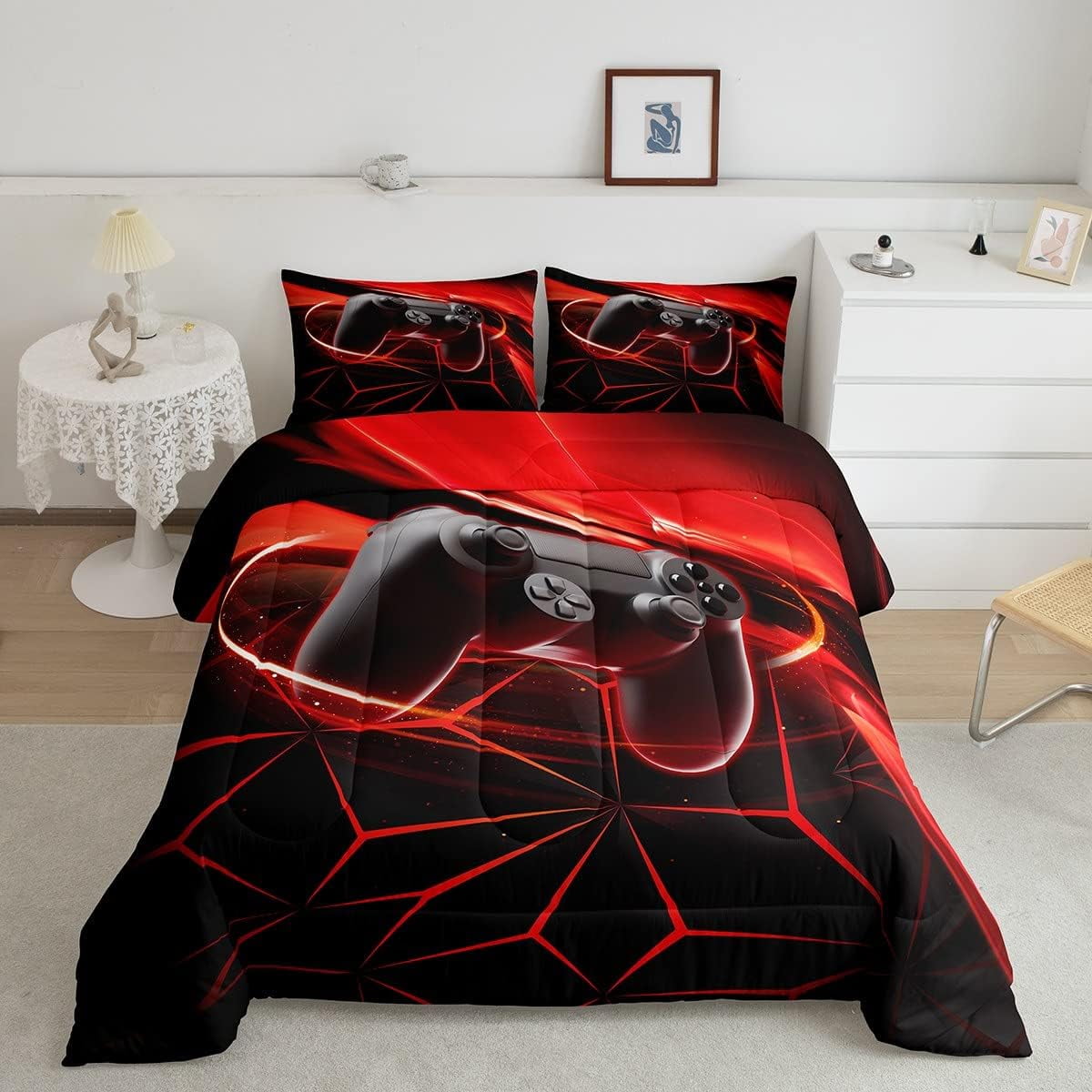 Man Gaming Gamepad Comforter Set Queen Size, Boys Videogame Bedding
