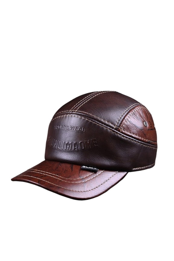 Man Genuine Leather Print Baseball Caps Male Casual Cowhide Belt Ear Warm 56-60 Adjustable Splice Flight Hats
