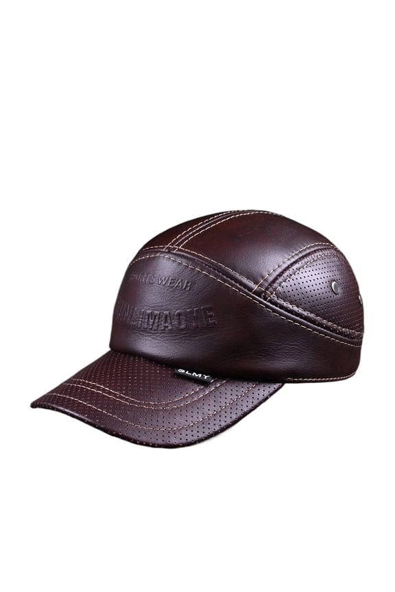 Man Genuine Leather Print Baseball Caps Male Casual Cowhide Belt Ear Warm 56-60 Adjustable Splice Flight Hats