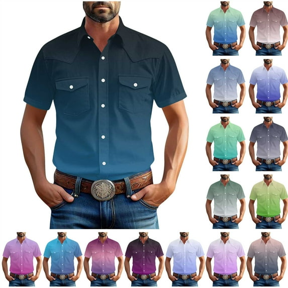 BiZtdJrK Big and Tall Cargo Shirts for Men with Pockets Gradient Color Button Down Tees Shirt Casuak Lapel Short Sleeve Work Tops Navy L