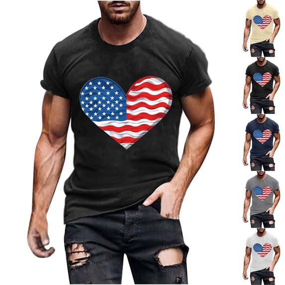 Man Gifts for Birthday! lcziwo 4th of July Shirts for Men Heart USA Flag Patriotic Tshirt Independence Day Graphic Tees Cotton Short Sleeve Crewneck Tops Beige S