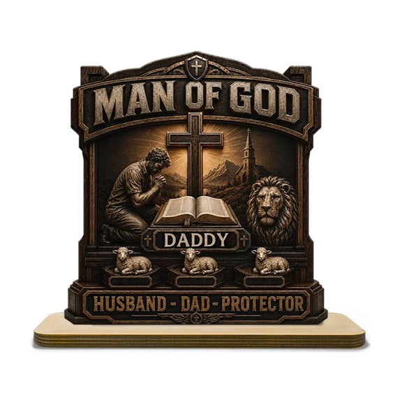 Man of God Tabletop Sign Husband Dad Protector Personalized Christian Father Gift for Men Custom Kids Names Plaque Religious Home Decor for Office Desk Christmas Birthday Present