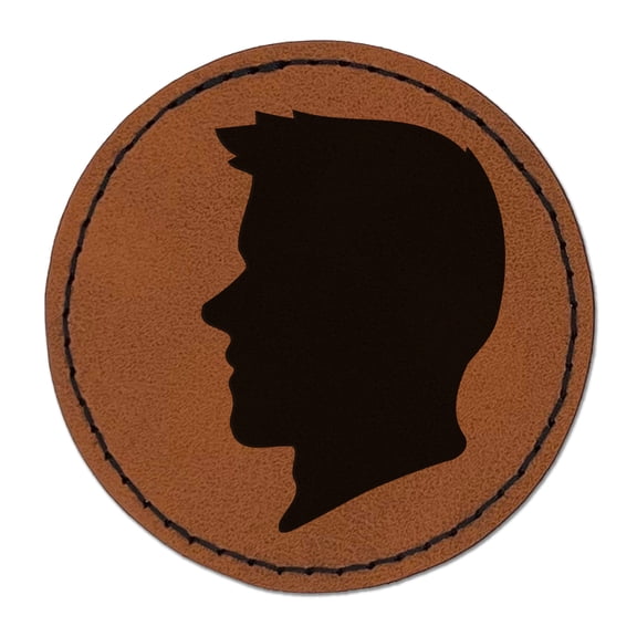 Man Head Silhouette 2.5" Faux Leather Round Engraved Iron-On Patch - Brown