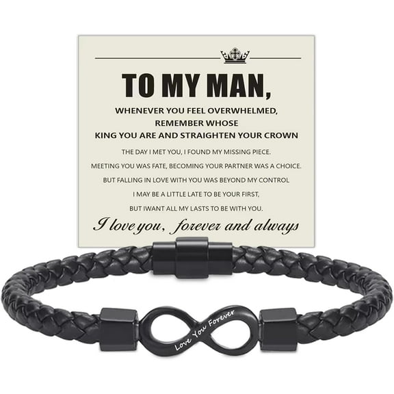 To My Man, I Love You Forever & Always Infinity Leather Bracelet, Mens Stainless Braided Leather Bracelet with Magnetic Clasp, Christmas Birthday Valentine's Day Gifts for Men Boyfriend Husband