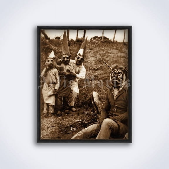 Man In Devil Mask And Scary Gnomes, Vintage Halloween Costume Photo Print