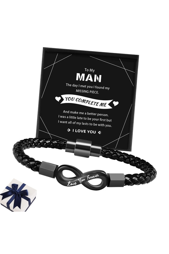 To My Man Infinity Bracelet,Engraved Love You Forever Stainless Steel  Infinity Knot Braided Leather Bracelet Husband Gifts from Wife Valentine Birthday(A, 21cm)