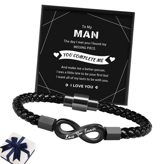 To My Man Infinity Bracelet,Engraved Love You Forever Stainless Steel Infinity Knot Braided Leather Bracelet Husband Gifts from Wife Valentine Birthday(A, 21cm)